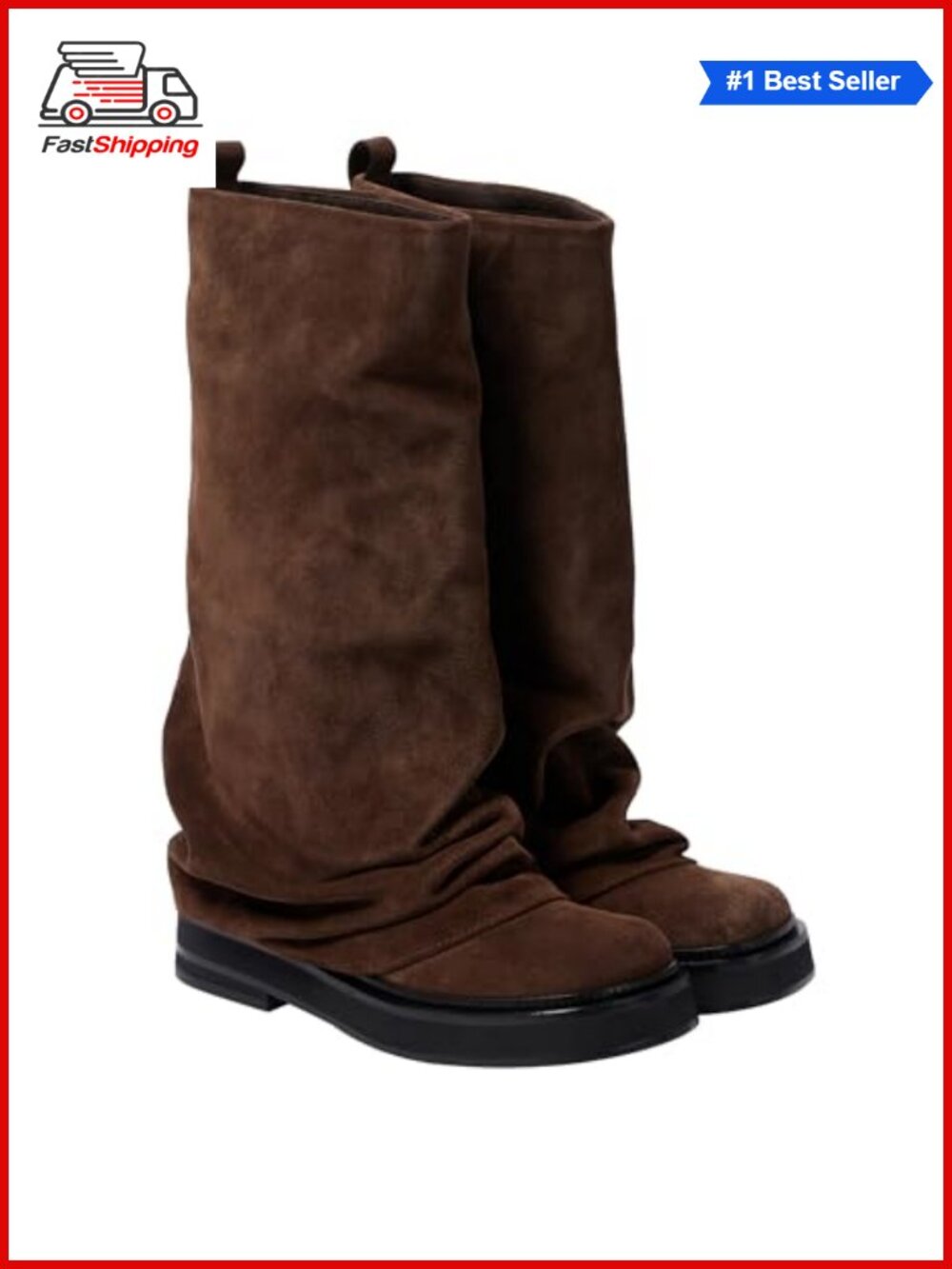 Womens Suede Knee-High Slouchy Boots Round Toe Pull On Chunky Platform Heel